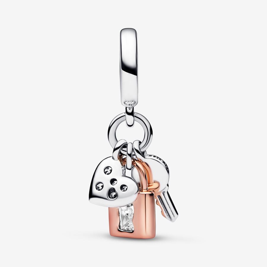 Two-tone Key, Padlock & Heart Triple Dangle