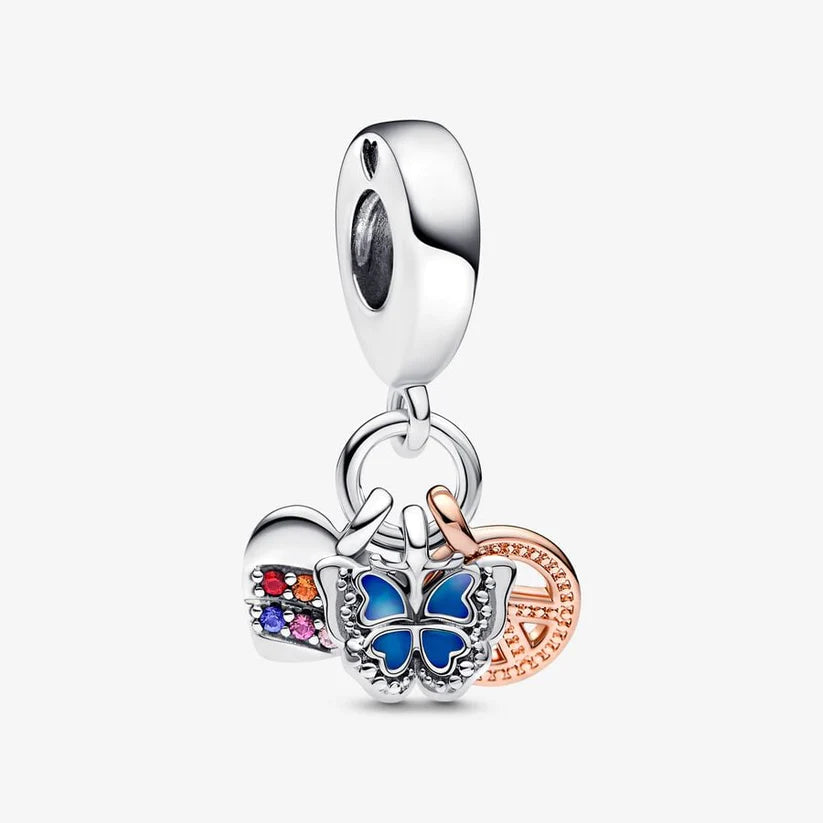 Two-Tone Rainbow Heart Butterfly & Peace Triple Dangle Charm