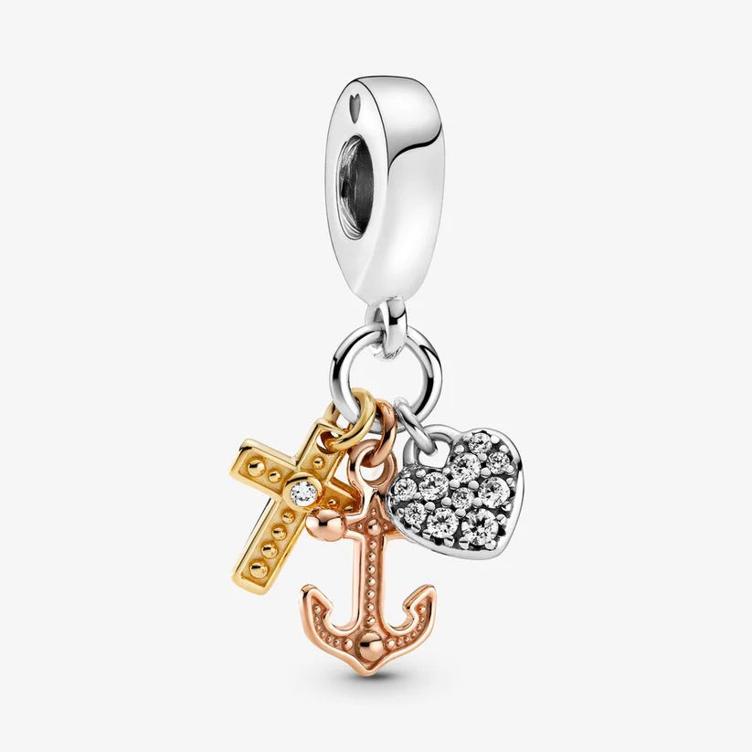 Triple-tone Cross Heart & Anchor Charm