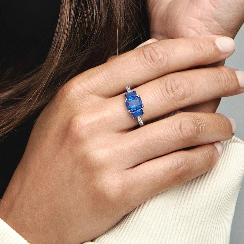 Blue Rectangular Three Stone Sparkling Ring