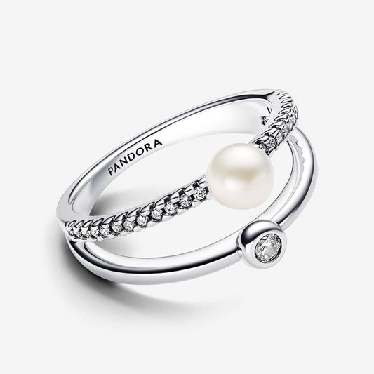 Cultured Pearl & Pavé Double Band Ring
