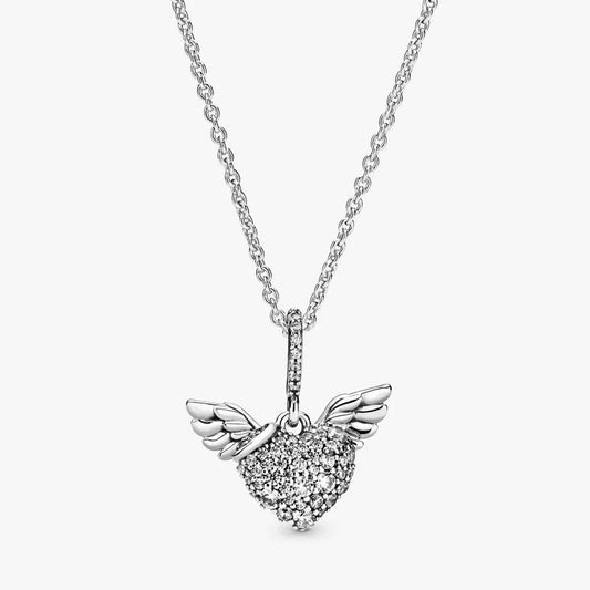 Pave Heart and Angel Wings Necklace