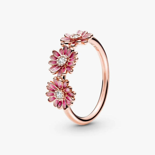 Pink Daisy Flower Trio Ring