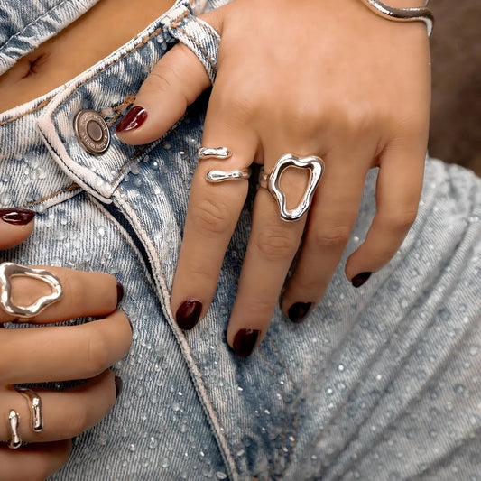 Set x 2 Anillos Silueta Amorfa Plateado